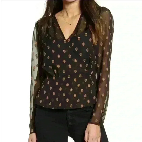 Chelsea28 Tops - NWOT a sheer black and gold wrap blouse